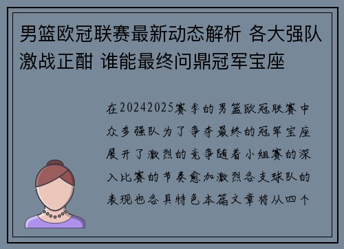 男篮欧冠联赛最新动态解析 各大强队激战正酣 谁能最终问鼎冠军宝座