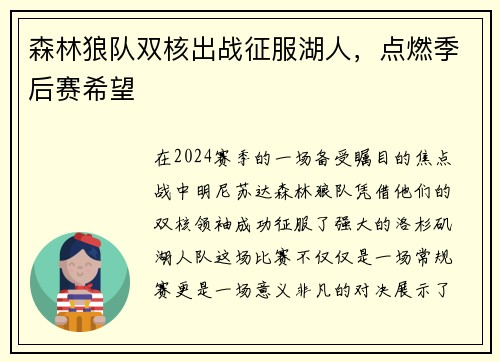 森林狼队双核出战征服湖人，点燃季后赛希望