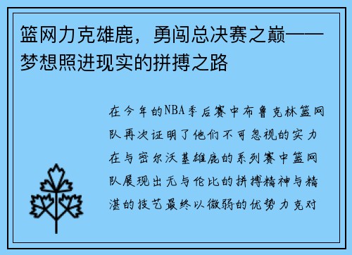 篮网力克雄鹿，勇闯总决赛之巅——梦想照进现实的拼搏之路