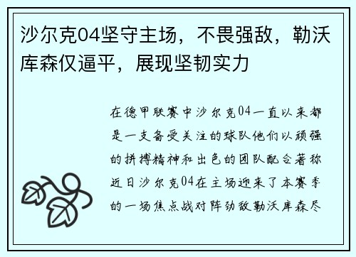 沙尔克04坚守主场，不畏强敌，勒沃库森仅逼平，展现坚韧实力