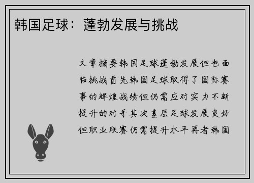 韩国足球：蓬勃发展与挑战